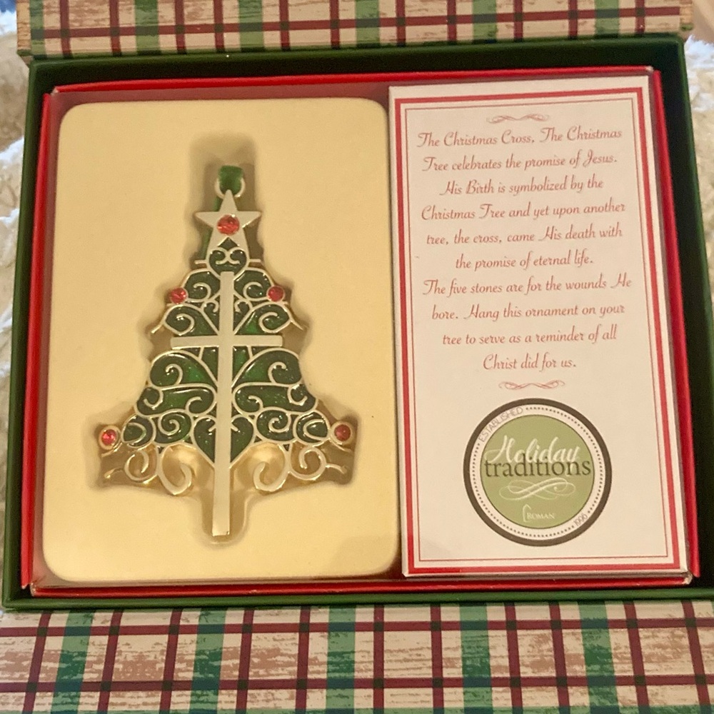 NIB Christmas Cross Tree Ornament - Green/Red/Gold  3.5” x 2.5”